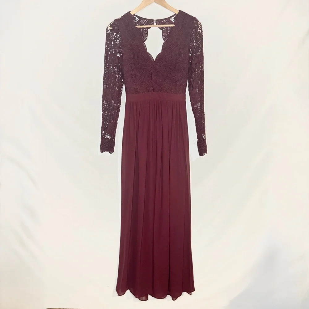 Lulu's Awaken My Love Burgundy Backless Long Sleeve Lace Gown Dress Size Small - Picture 2 of 10
